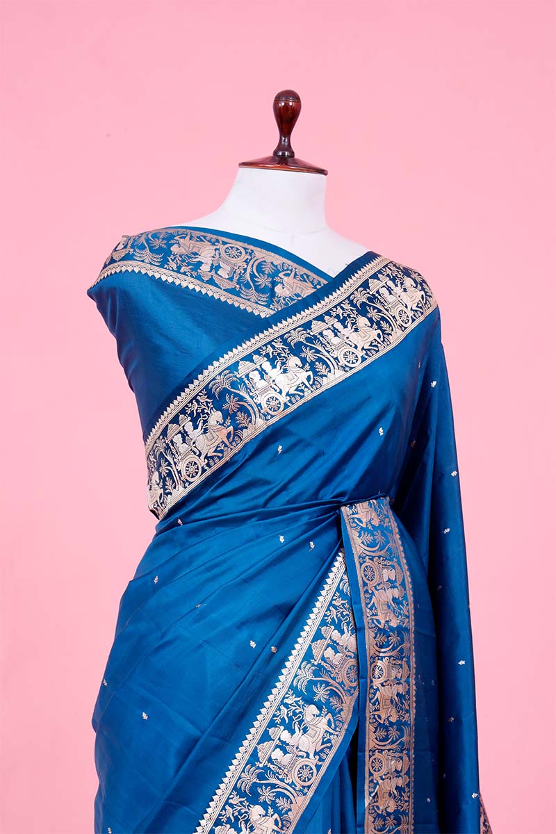 Teal Blue Banarasi Saree with Rajwada and Nartaki Motifs