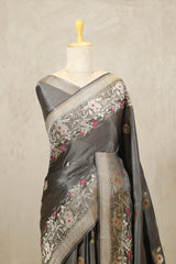 Grey Banarasi Gajji Silk Saree with Gold Zari Lotus Motifs