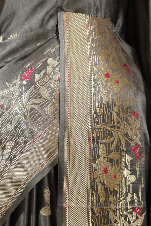 Grey Banarasi Gajji Silk Saree with Gold Zari Lotus Motifs