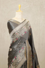 Grey Banarasi Gajji Silk Saree with Gold Zari Lotus Motifs