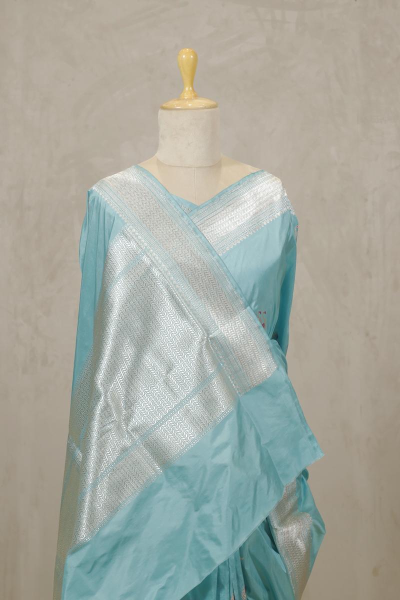 Sky Blue Banarasi Katan Silk Saree with Rajhans Motifs