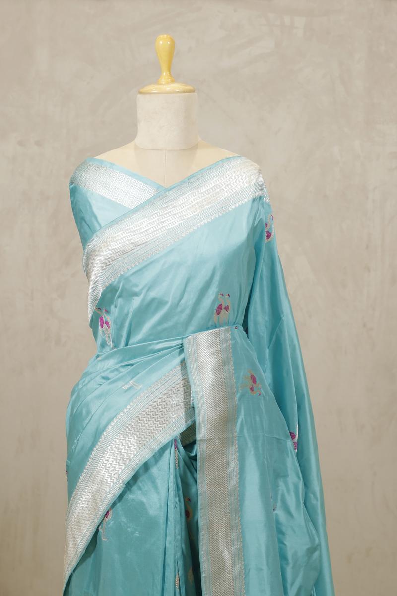 Sky Blue Banarasi Katan Silk Saree with Rajhans Motifs