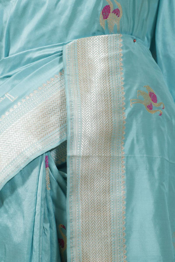 Sky Blue Banarasi Katan Silk Saree with Rajhans Motifs