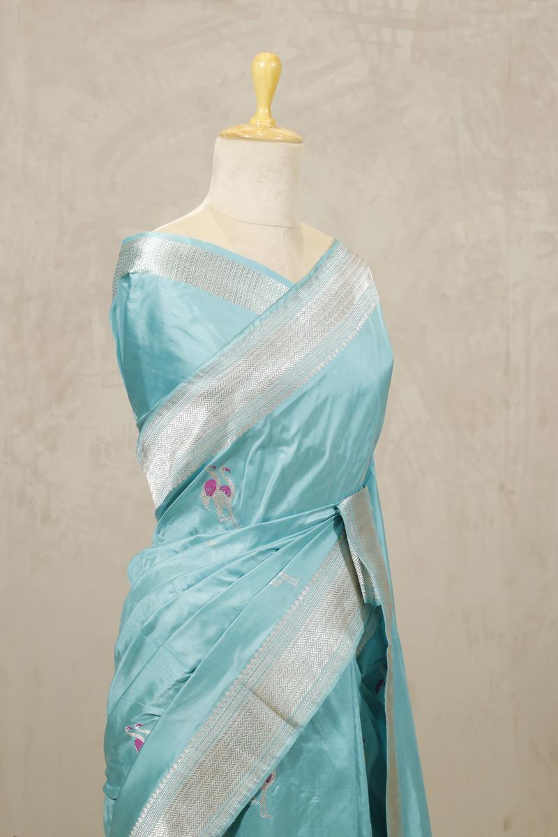 Sky Blue Banarasi Katan Silk Saree with Rajhans Motifs