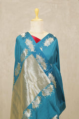 Teal Blue Handloom Banarasi Silk Saree with Vrishabha Motifs