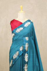 Teal Blue Handloom Banarasi Silk Saree with Vrishabha Motifs