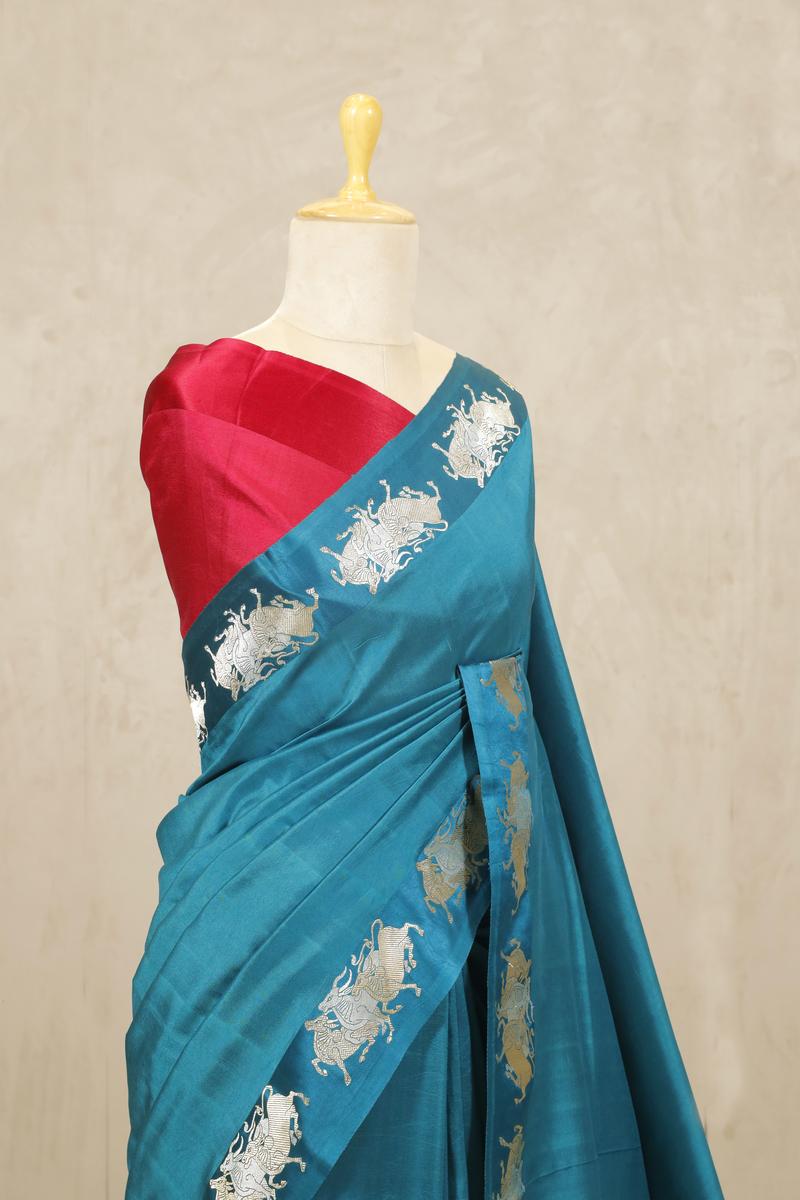 Teal Blue Handloom Banarasi Silk Saree with Vrishabha Motifs