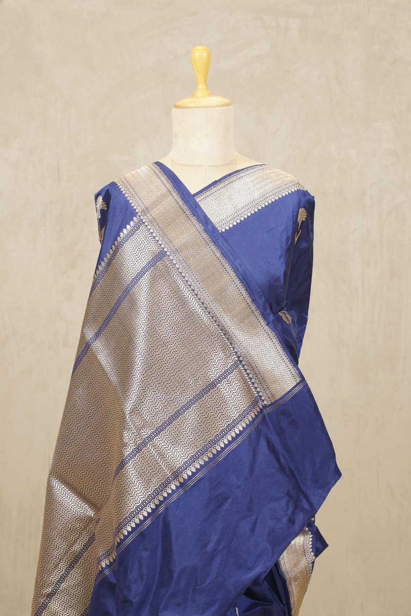 Deep Blue Handloom Banarasi Saree with Gold-Silver Zari Floral Motifs