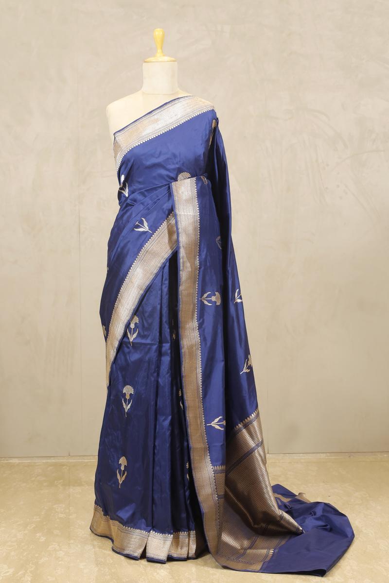 Banarasi Silk Saree, Banarasi saree, silk saree, deep blue saree, wedding saree, party wear saree​