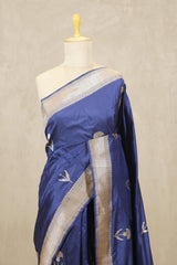 Deep Blue Handloom Banarasi Saree with Gold-Silver Zari Floral Motifs