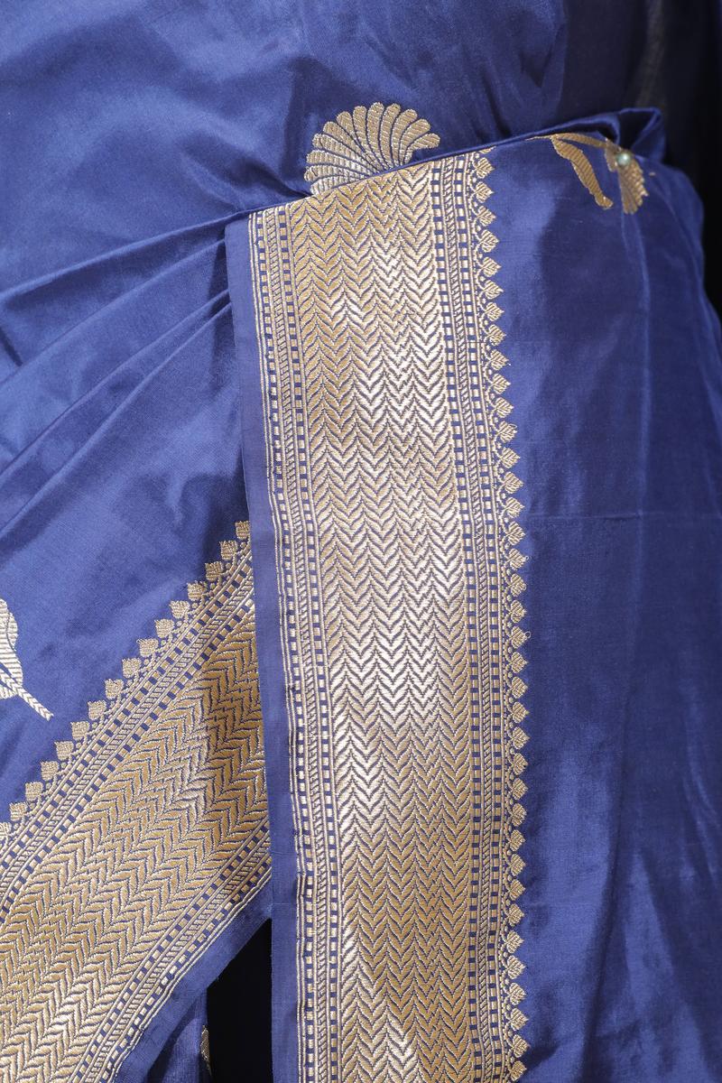 Deep Blue Handloom Banarasi Saree with Gold-Silver Zari Floral Motifs