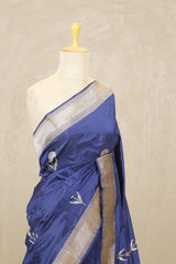 Deep Blue Handloom Banarasi Saree with Gold-Silver Zari Floral Motifs