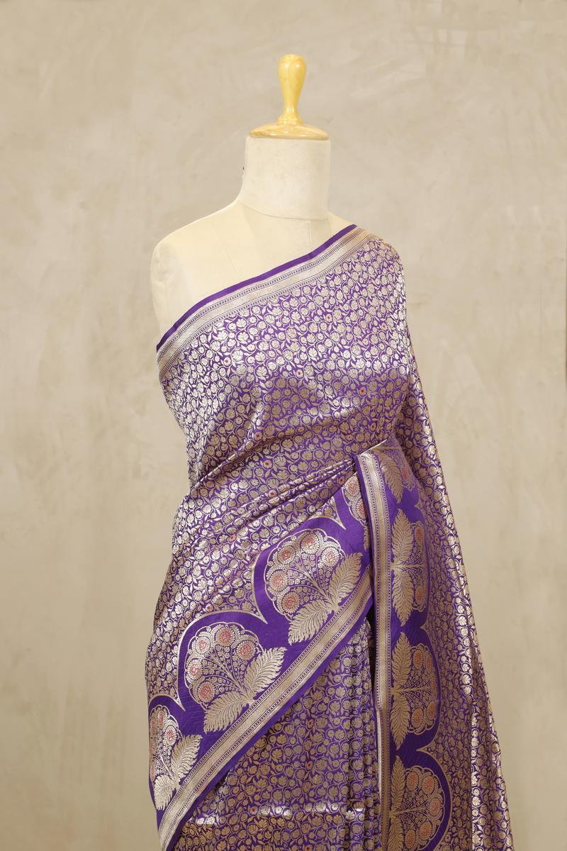 Purple Handloom Banarasi Saree with Gold Zari Meenakari Work