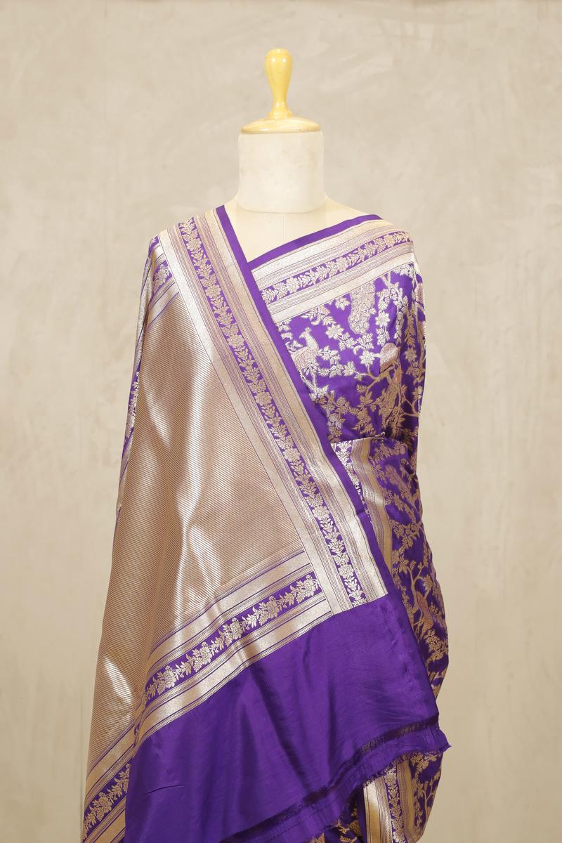 Purple Banarasi Katan Silk Saree with Peacock Floral Jaal Work