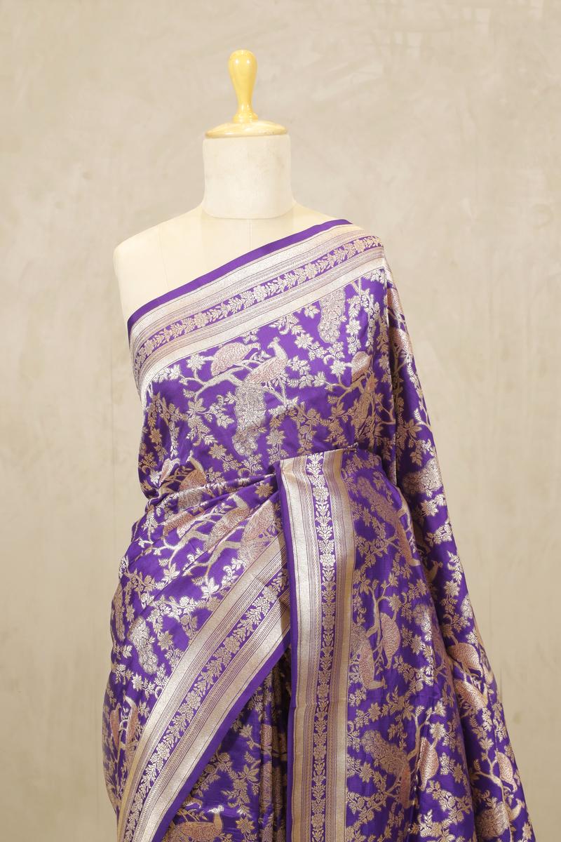 Purple Banarasi Katan Silk Saree with Peacock Floral Jaal Work