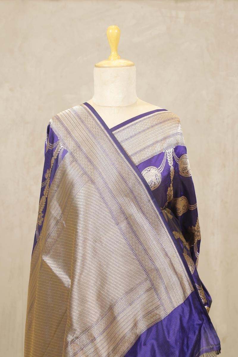 Deep Purple Banarasi Katan Silk Saree with Airavat Motifs