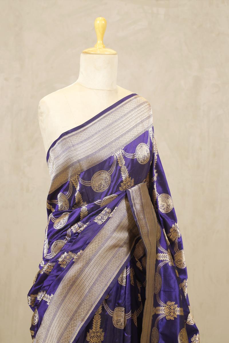 Deep Purple Banarasi Katan Silk Saree with Airavat Motifs