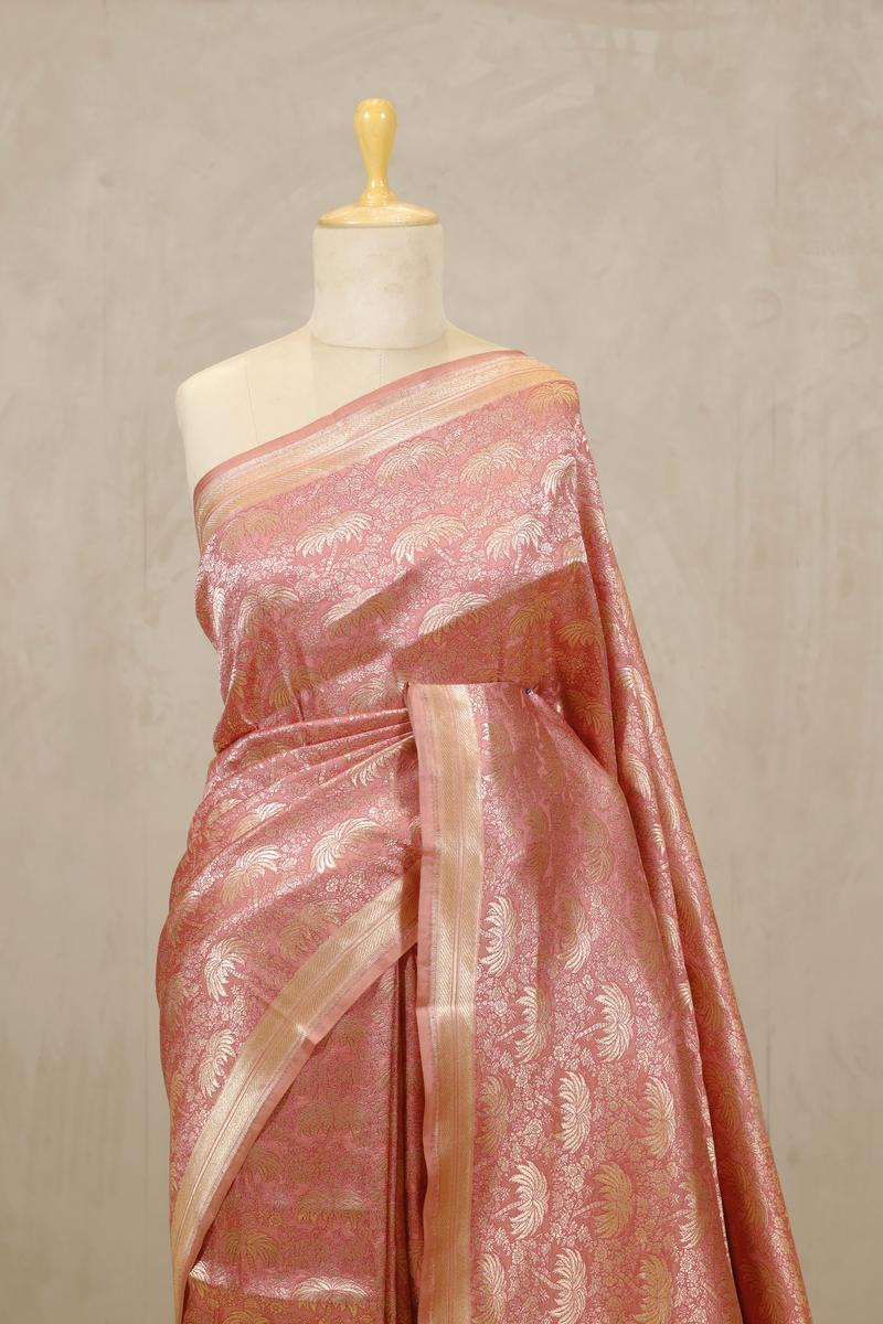 Peach Handloom Banarasi Katan Silk Saree with Coconut Floral Tree Jaal