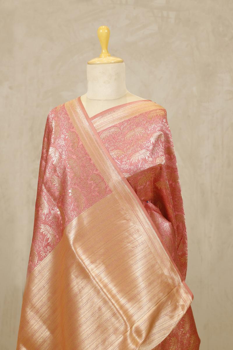 Peach Handloom Banarasi Katan Silk Saree with Coconut Floral Tree Jaal