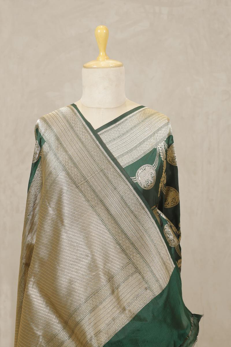 Bottle Green Banarasi Katan Silk Saree with Airavat Motifs