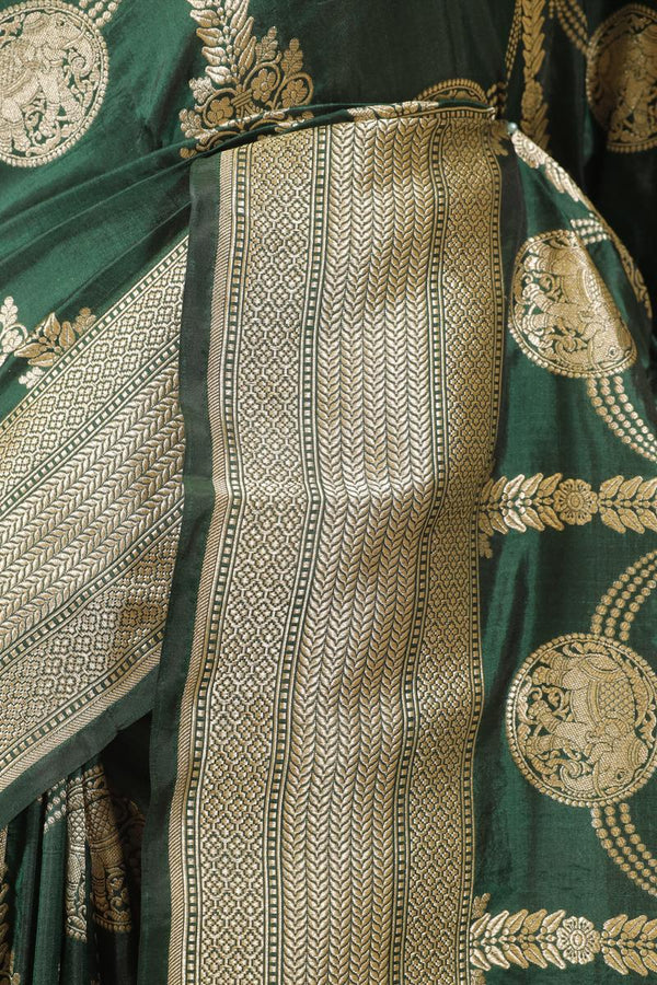 Bottle Green Banarasi Katan Silk Saree with Airavat Motifs