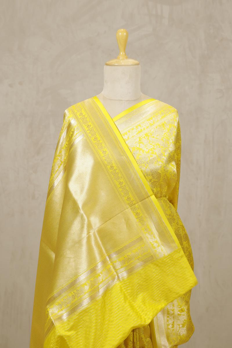 Neon Yellow Banarasi Katan Silk Saree with Peacock Floral Jaal Work