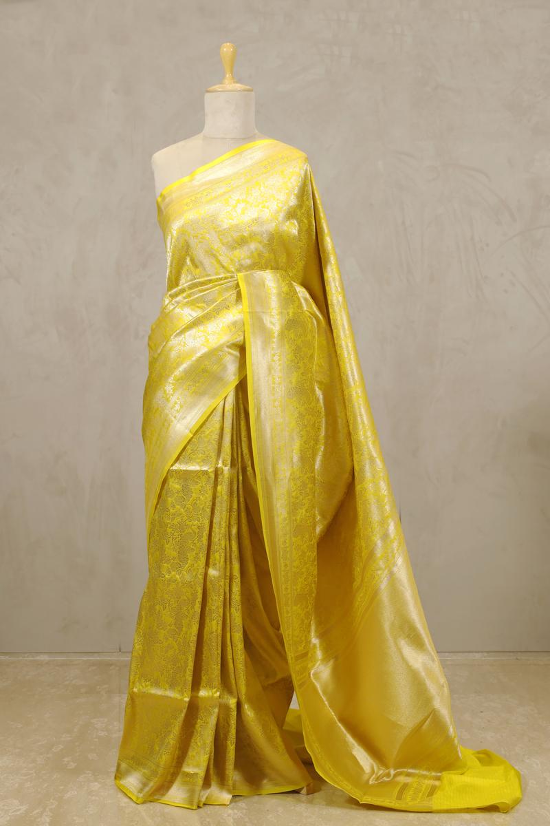 Banarasi Silk Saree, Banarasi saree, silk saree, Yellow saree, wedding saree, party wear saree​