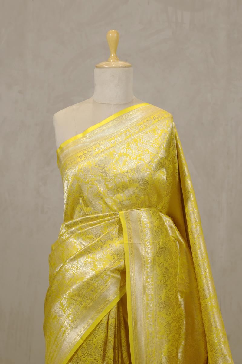 Neon Yellow Banarasi Katan Silk Saree with Peacock Floral Jaal Work