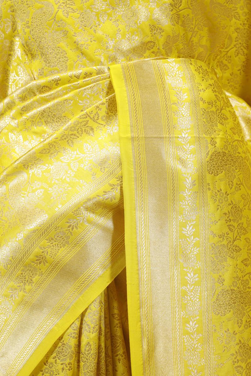 Neon Yellow Banarasi Katan Silk Saree with Peacock Floral Jaal Work