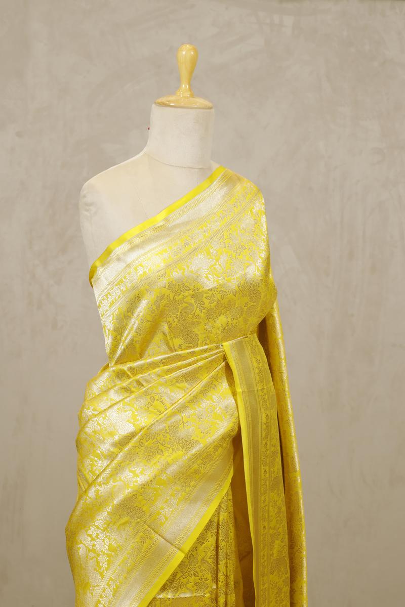 Neon Yellow Banarasi Katan Silk Saree with Peacock Floral Jaal Work