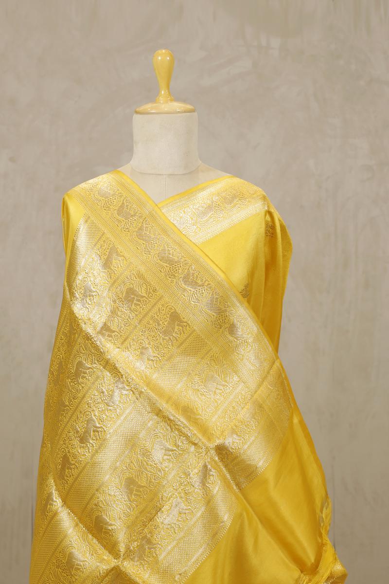 Yellow Handloom Banarasi Kadiyal Silk Saree with Shikargah Motifs