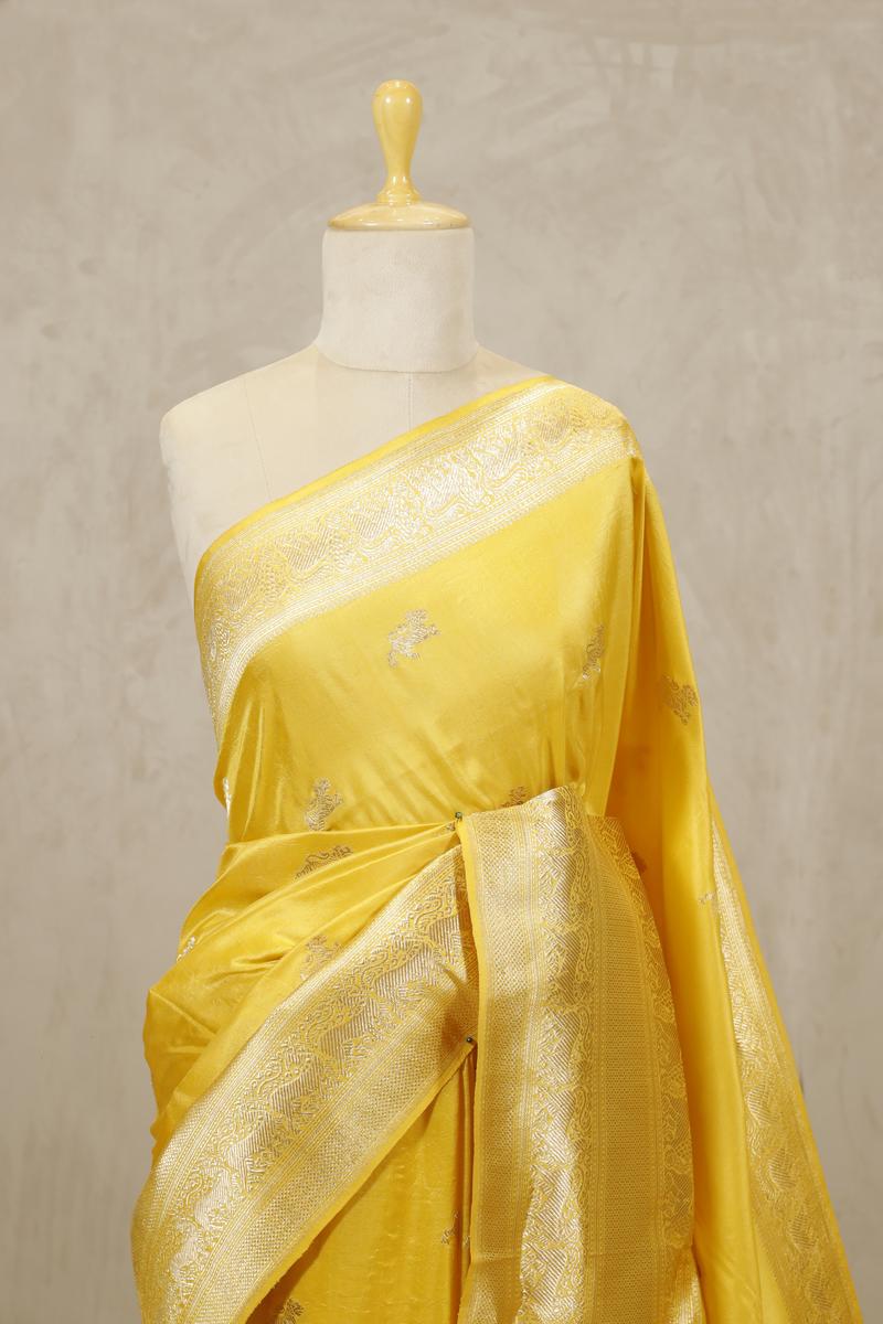 Yellow Handloom Banarasi Kadiyal Silk Saree with Shikargah Motifs