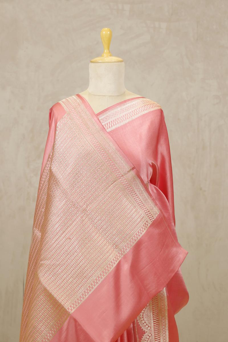 Flamingo Pink Banarasi Satin Silk Saree with Scalloped Border