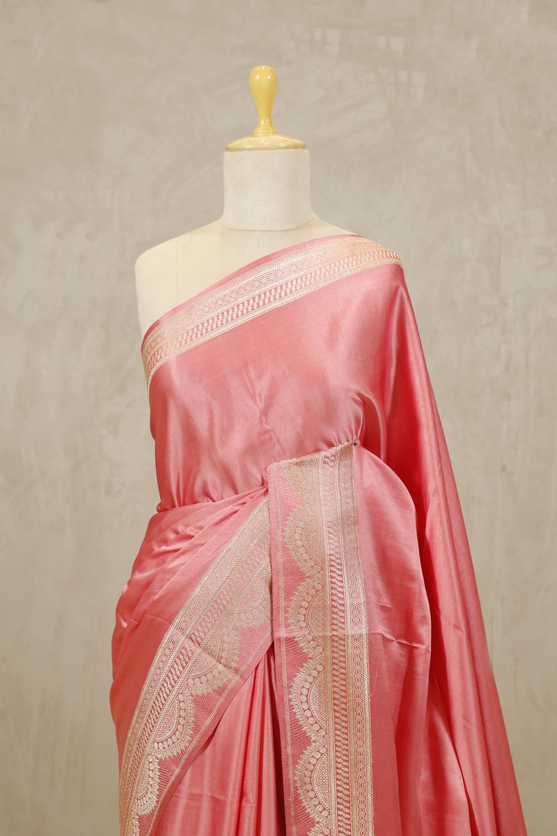 Flamingo Pink Banarasi Satin Silk Saree with Scalloped Border