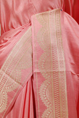 Flamingo Pink Banarasi Satin Silk Saree with Scalloped Border