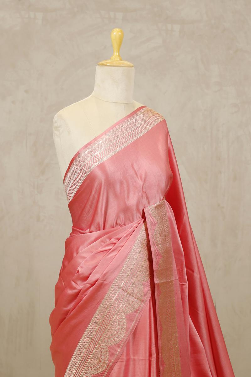 Flamingo Pink Banarasi Satin Silk Saree with Scalloped Border