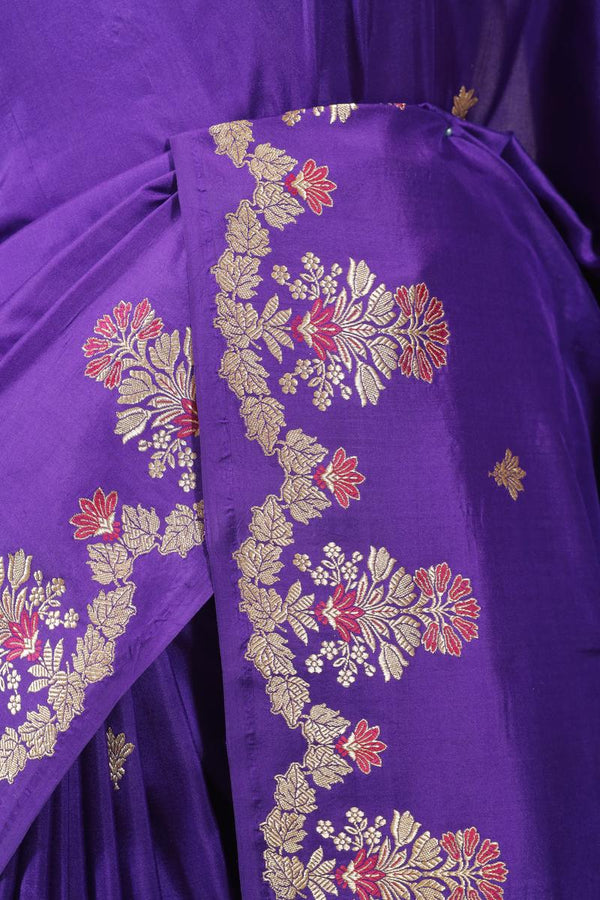 Purple Banarasi Satin Silk Saree with Meenakari Floral Border