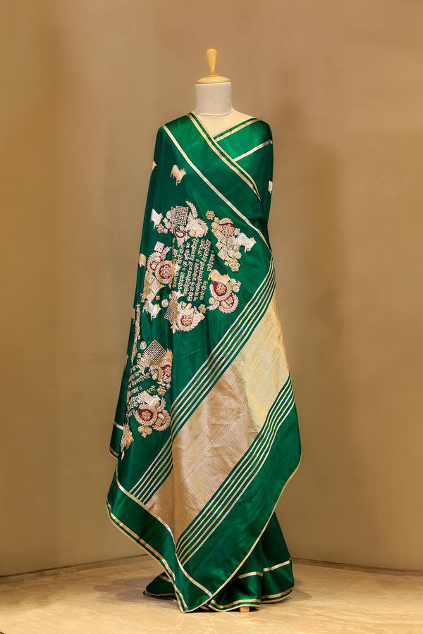 Gayatri Mantra Embellished Green Banarasi Silk Saree