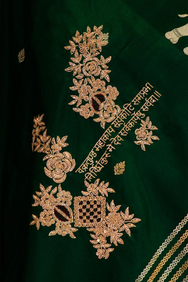 Green Handloom Banarasi Saree with Ganesh Mantra