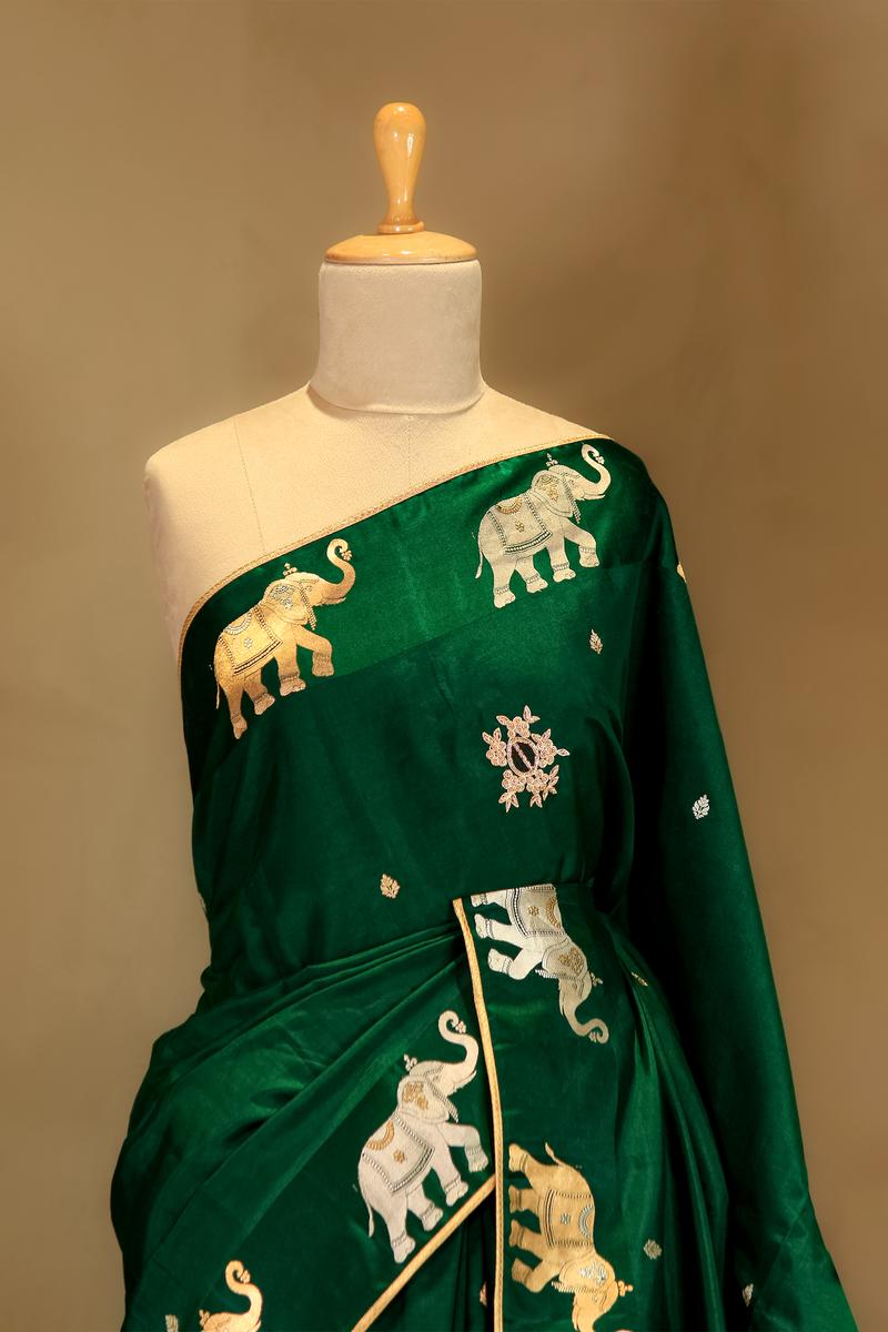 Green Handloom Banarasi Saree with Ganesh Mantra