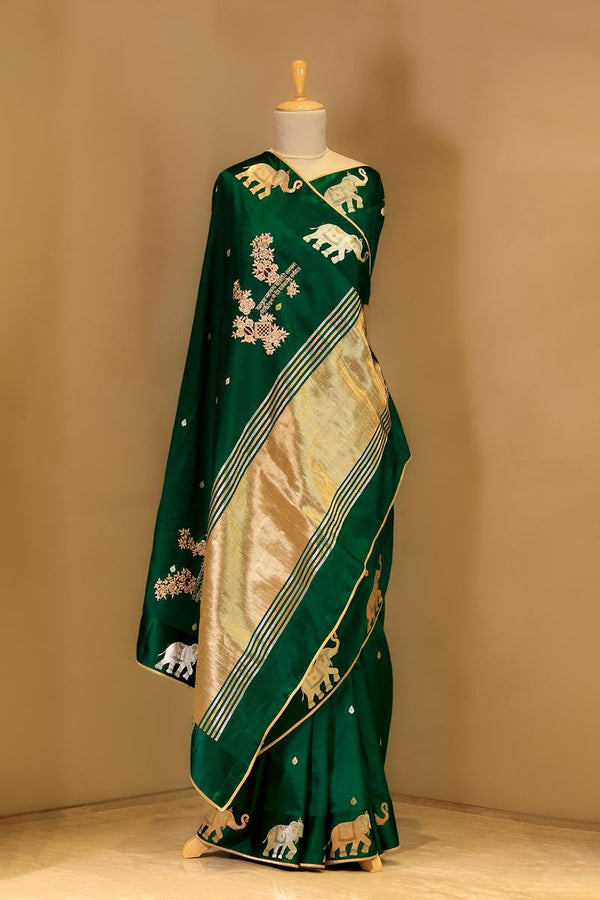 Green Handloom Banarasi Saree with Ganesh Mantra