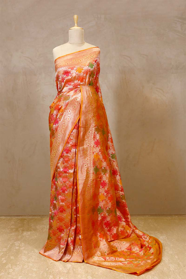 orange saree, Banarasi Silk Saree, Banarasi saree, pure silk saree, wedding saree, party wear saree​