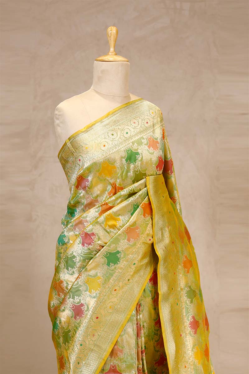 Green Banarasi Katan Silk Saree with Floral Rangkat Work