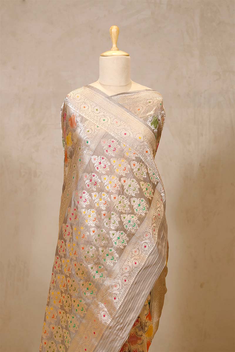 Grey Banarasi Katan Silk Saree with Floral Rangkat Work