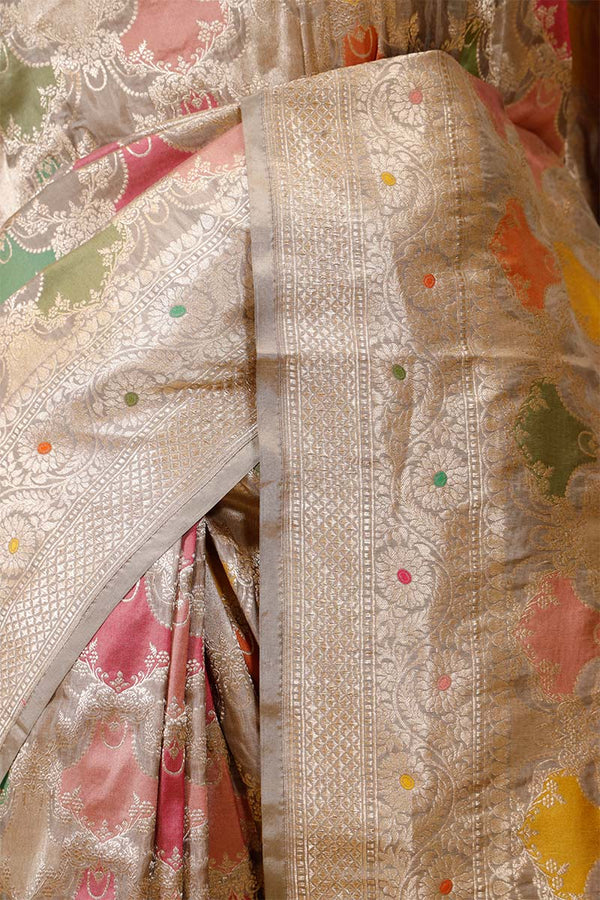 Grey Banarasi Katan Silk Saree with Floral Rangkat Work