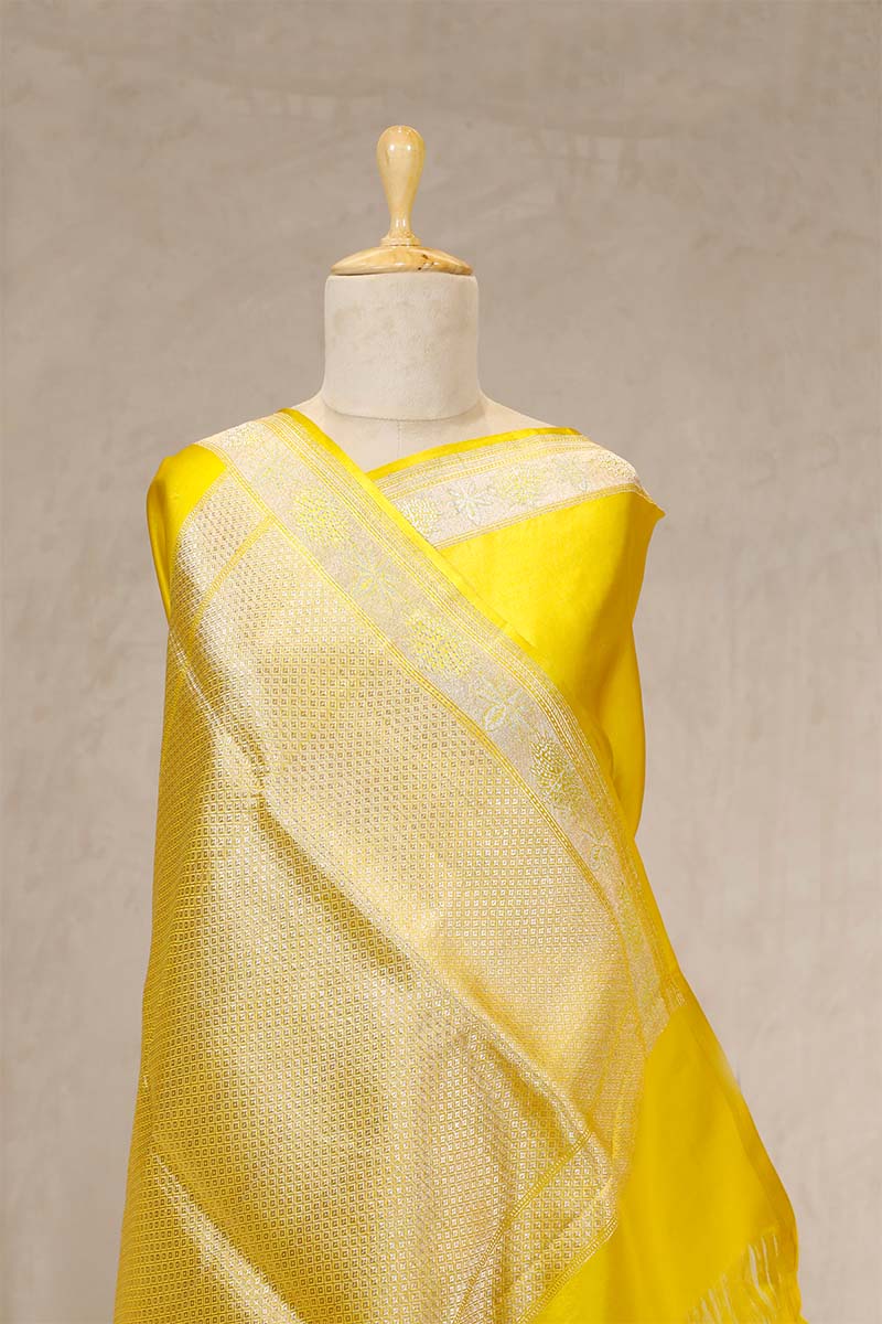 Yellow Banarasi Handloom Satin Silk Saree with Floral Tree Motifs