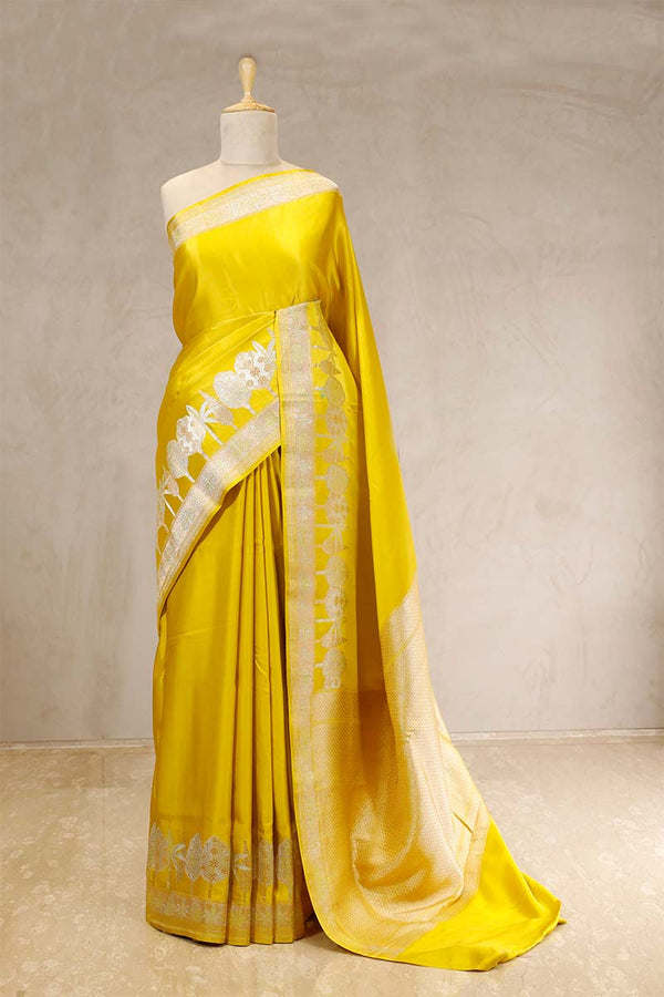 yellow saree, Banarasi Silk Saree, Banarasi saree, pure silk saree, wedding saree, party wear saree​