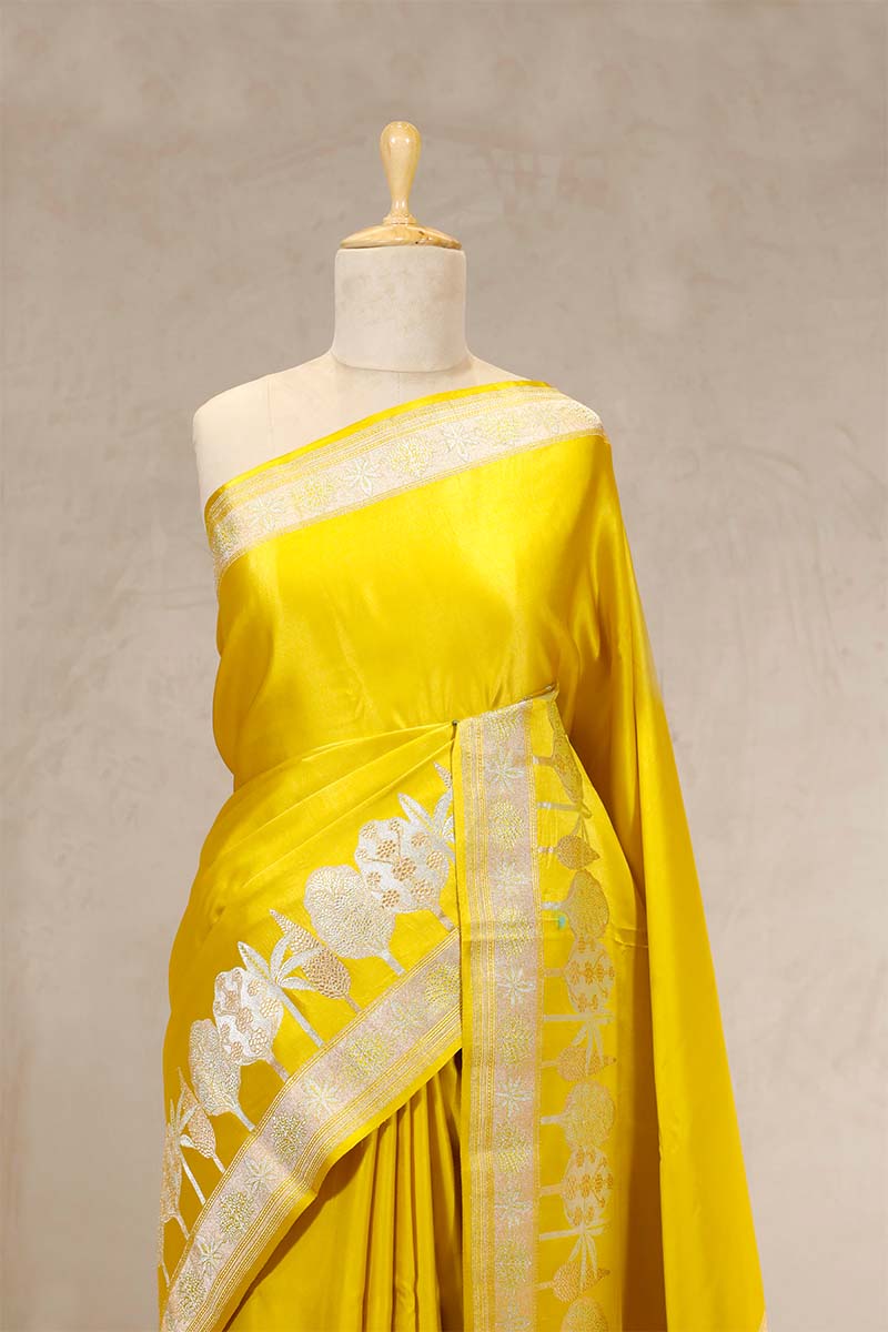 Yellow Banarasi Handloom Satin Silk Saree with Floral Tree Motifs