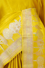 Yellow Banarasi Handloom Satin Silk Saree with Floral Tree Motifs