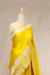 Yellow Banarasi Handloom Satin Silk Saree with Floral Tree Motifs